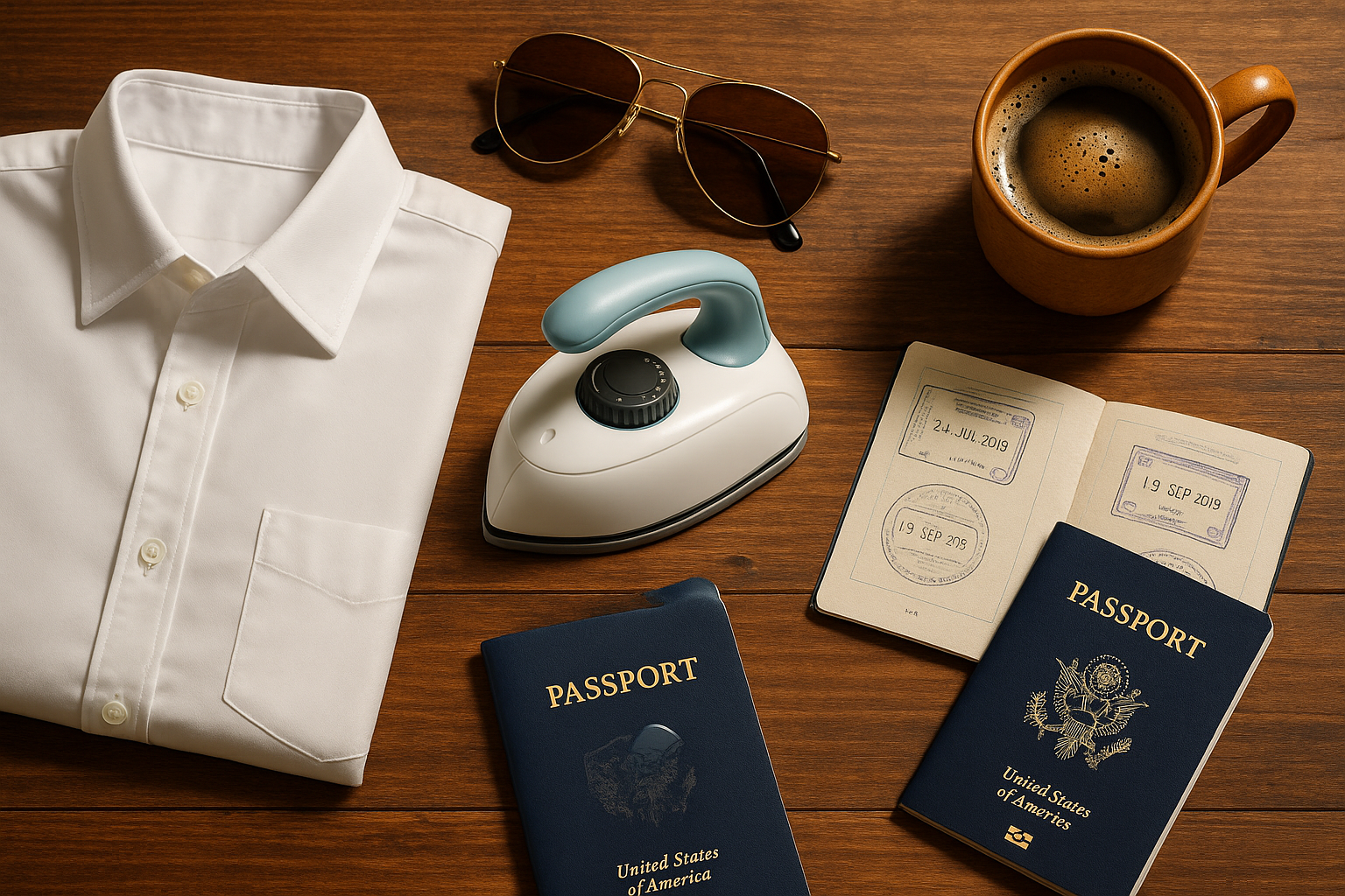 Mini iron placed on a table with a neatly folded shirt, passport, sunglasses, and coffee cup — screams “travel vibes”.
